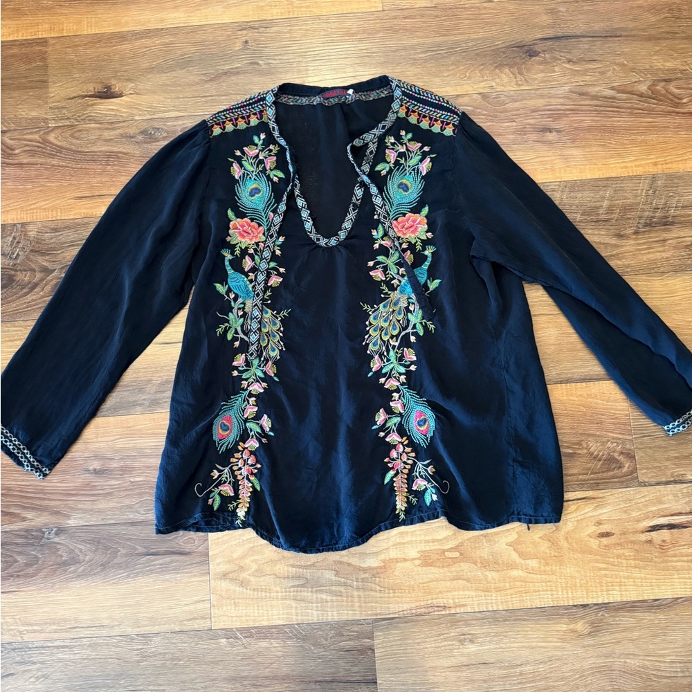 Johnny Was Navy Embroidered Blouse